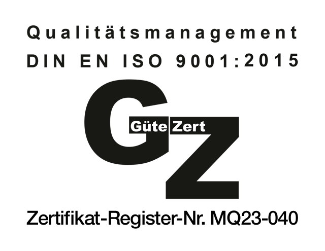 Güte Zert - Qualitätsmanagement DIN EN ISO 9001:2015, Zertifikat-Registrier-Nr. MQ23-040